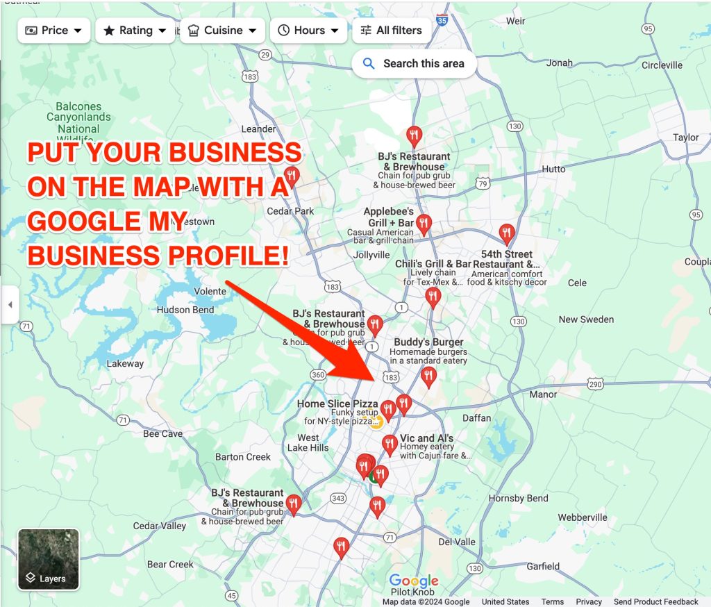 Google Maps screenshot with businesses shown in Austin